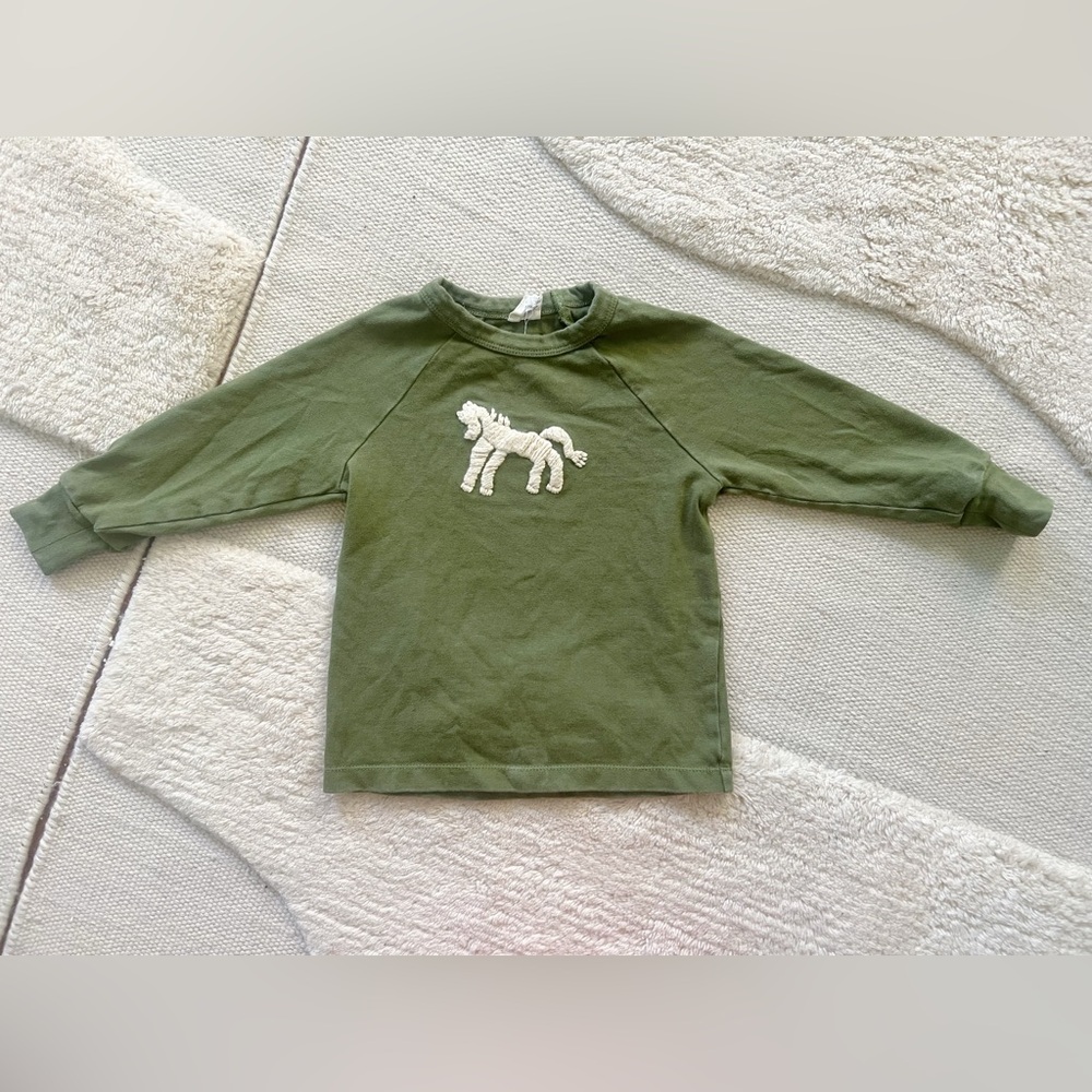 Apolina Kids Misha & Puff Green Cream Embroidered Horse Sweater Sweatshirt 2-3T